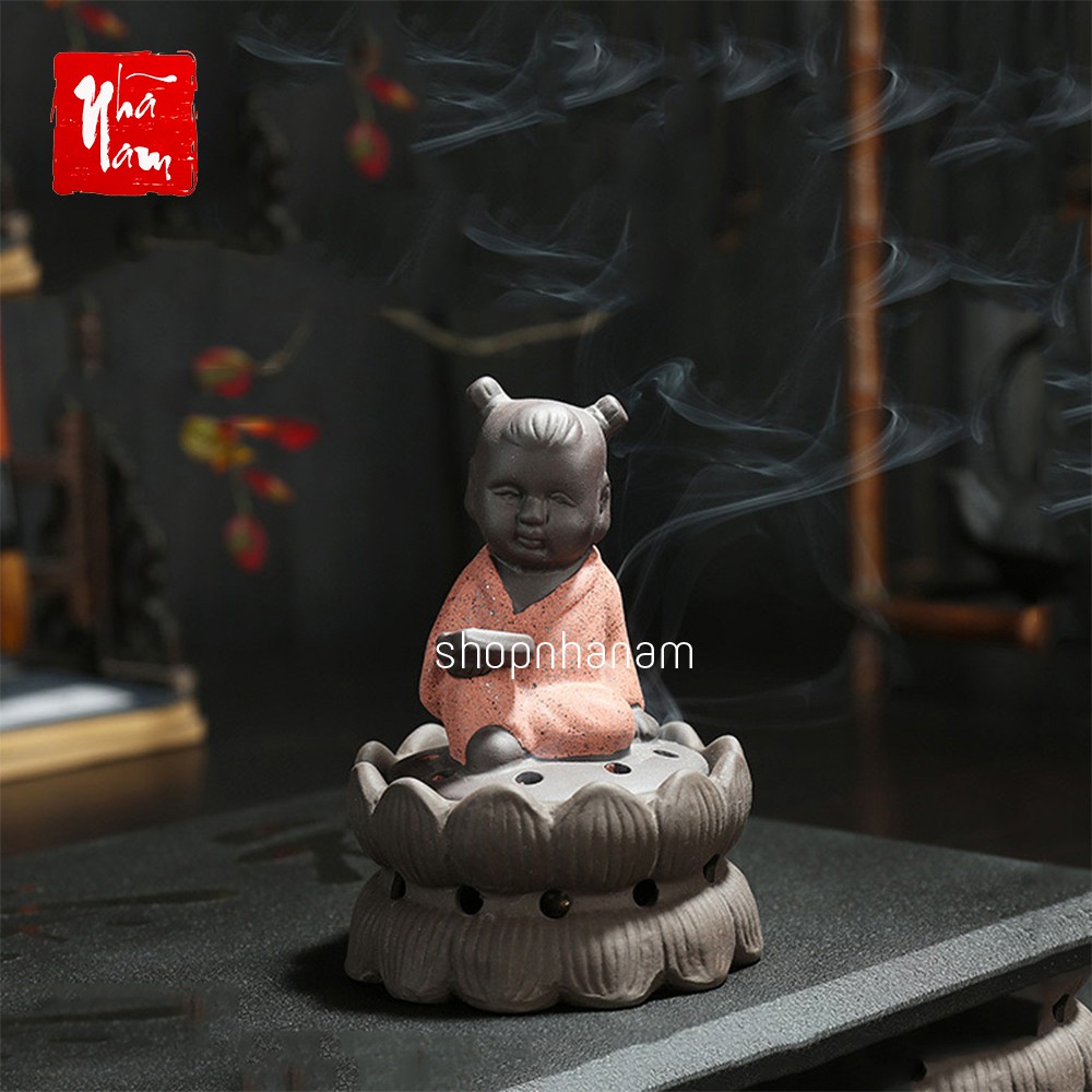 Lư xông trầm hương hình phật đỉnh đốt nhang gốm sứ tử sa tặng 1 nụ trầm hương Linh Tâm