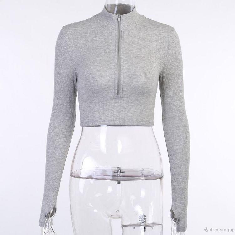 Áo Dệt Kim Tay Dài Trơn Màu Phối Khóa Kéo Cá Tính Cho Nữ