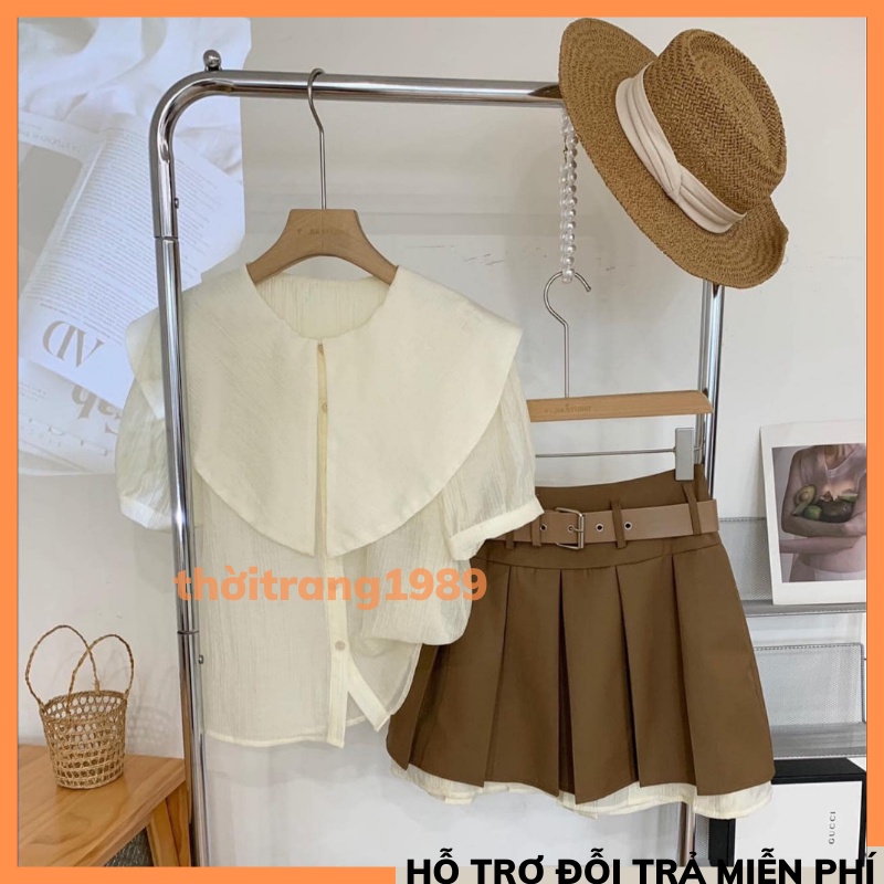 Set Váy + Áo Sơ Mi 💖 Chân Váy Xếp Ly Có Đai Rời Kèm Áo Sơ Mi Cổ Nhọn Siêu Xinh THỜITRAMH1989