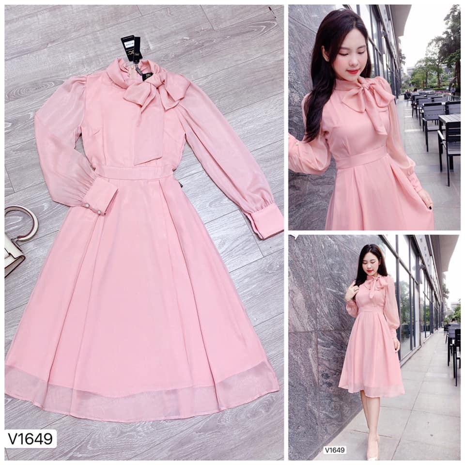 Váy xòe hồng cổ nơ tay dài V1649 -DVC phân phối chính thức