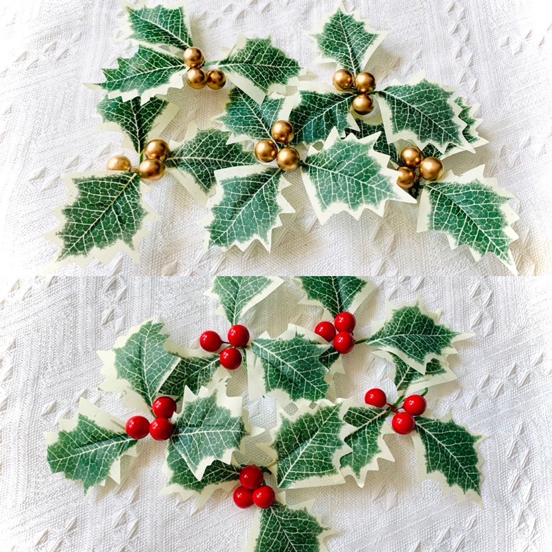 2 vòng lá nguyệt quế giáng sinh, lá gắn hạt đỏ vàng trang trí cây thông cây tùng noel