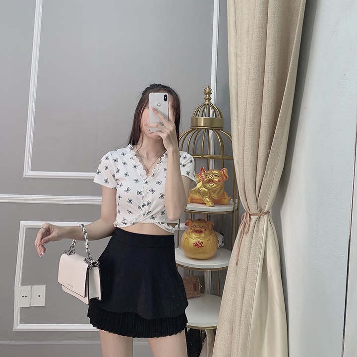 Áo nữ kiểu bánh bèo thun croptop phong cách Hàn Quốc 2023