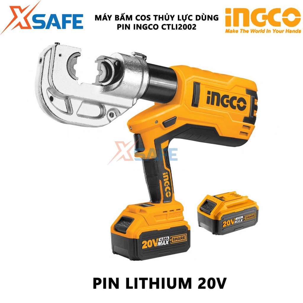 Máy ép cos thủy lực dùng pin INGCO CTLI2002 điện áp 20V, lực ép 12KN, kèm 2 pin Lithium-Ion 20V/4.0Ah