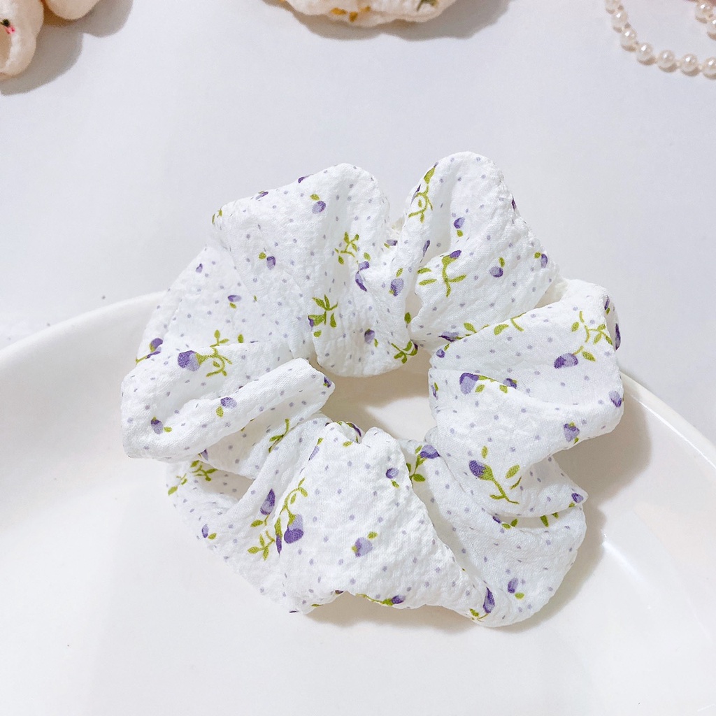 Scrunchies cột tóc vintage hoa li ti vải xốp phồng to nhiều kiểu dáng