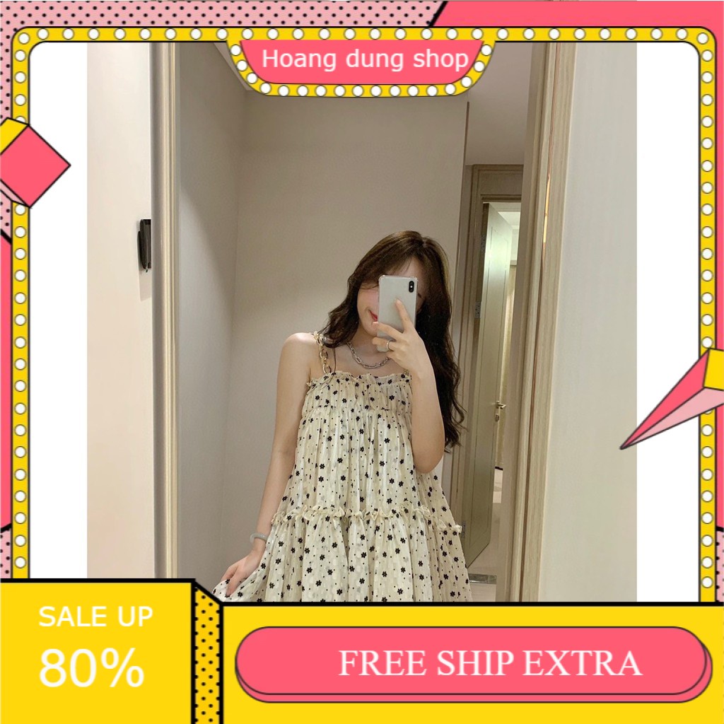 💃Đầm Nữ 2 Dây Viền Bèo Hoa Nhí Đen Dáng Lỡ