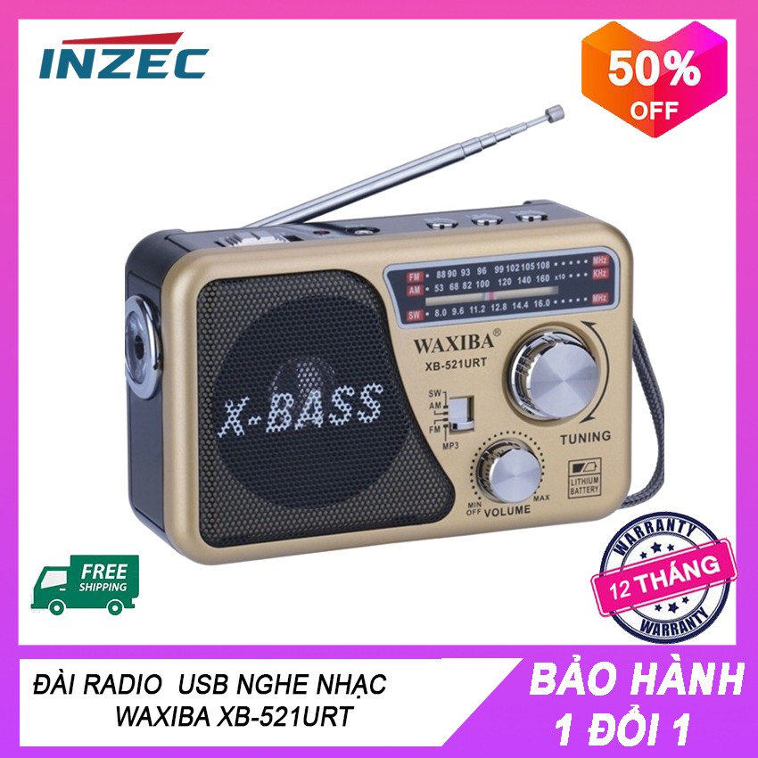 [FREESHIP]Máy nghe nhạc kiêm đài Radio FM Waxiba XB-521URT- Đài FM 521 có đèn pin có hỗ trợ thẻ nhớ TF và USB