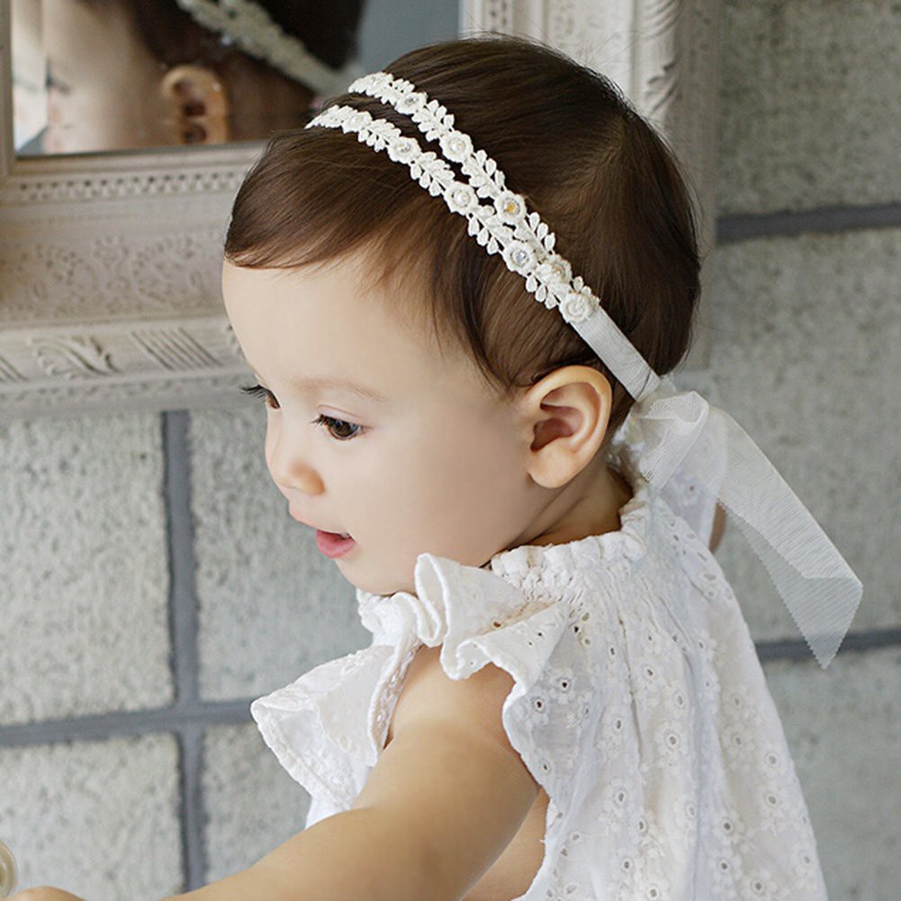 Băng đô co giãn thiết kế ren hoa phối nơ lưới cho bé gái sơ sinh