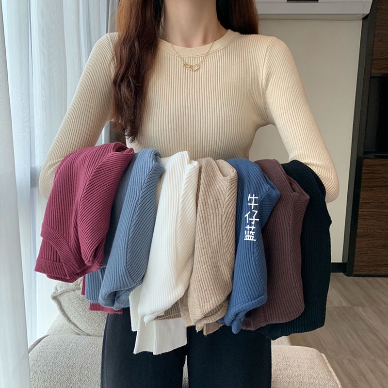 Áo Len Tay Dài Cổ Tròn Màu Trắng Đen Thời Trang Cho Nữ