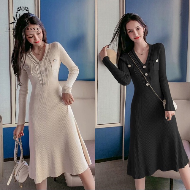 [CÓ SẴN] Váy đầm xòe body len cổ tim chữ V cúc dọc túi 2 ngực ulzzang Hàn Quốc thời trang cao cấp l1