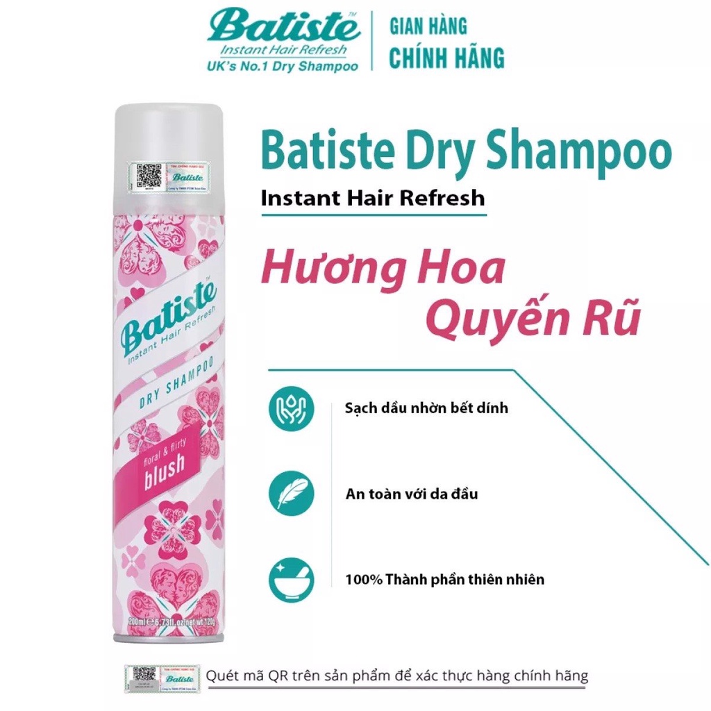 Dầu Gội Khô Batiste Dry Shampoo Fullsize (200ml)