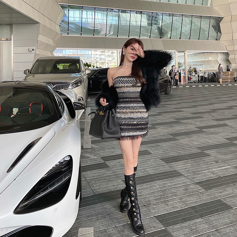 Đầm Ngắn Ôm Hông Co Giãn Đính Kim Sa Lấp Lánh Thời Trang Xuân Thu Quyến Rũ Cho Nữ