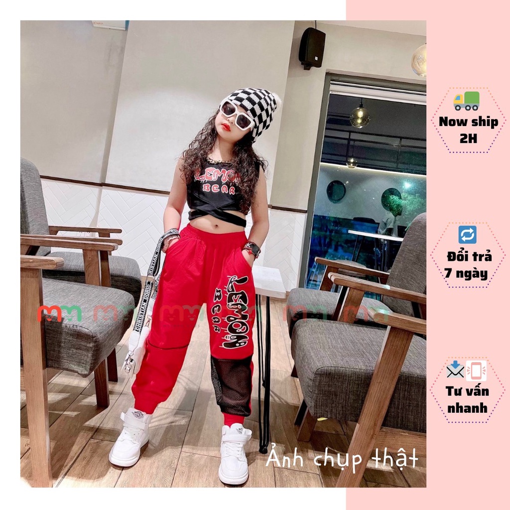 Set thể thao học nhảy bé gái áo croptop dây chéo phối quần jogger cá tính thun cotton cao cấp cho bé 17kg đến 40kg