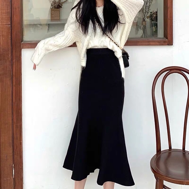 Chân váy đuôi cá dáng dài chất len tăm dày dặn co giãn, Chân váy siêu hot