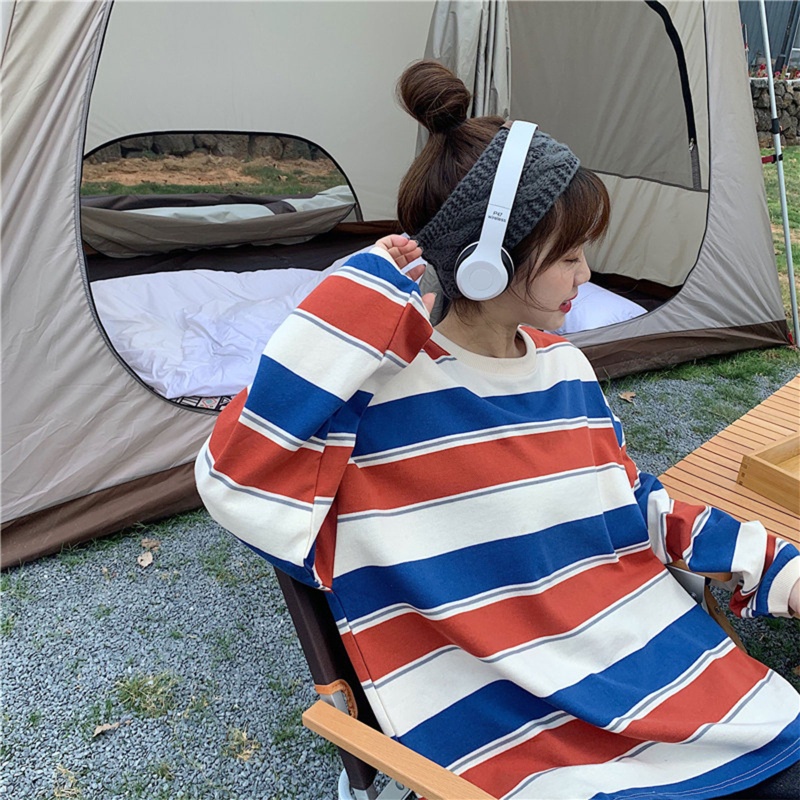 Áo Thun Tay Dài Cổ Tròn Họa Tiết Kẻ Sọc Thời Trang Phong Cách Hàn Quốc Cho Nữ