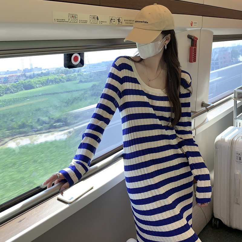 QKOOLE  Đầm Dệt Kim Tay Dài Kẻ Sọc Thời Trang Hàn Quốc Cho Nữ