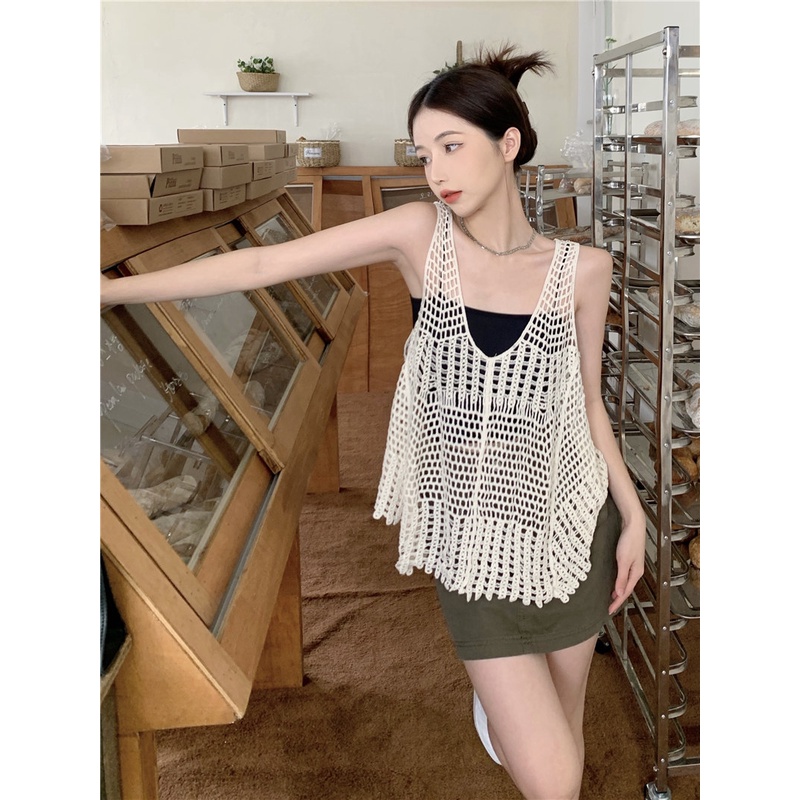 Áo Dệt Kim Sát Nách Dáng Rộng Phối Lỗ Thời Trang retro Hàn Quốc Cho Nữ