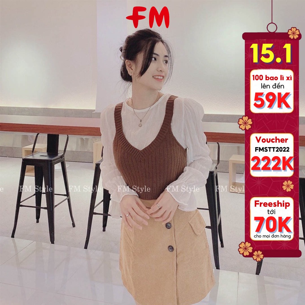 Áo nữ kiểu bánh bèo FM Style set tay dài cổ tròn phối len croptop 2 dây thời trang siêu xinh 211118019