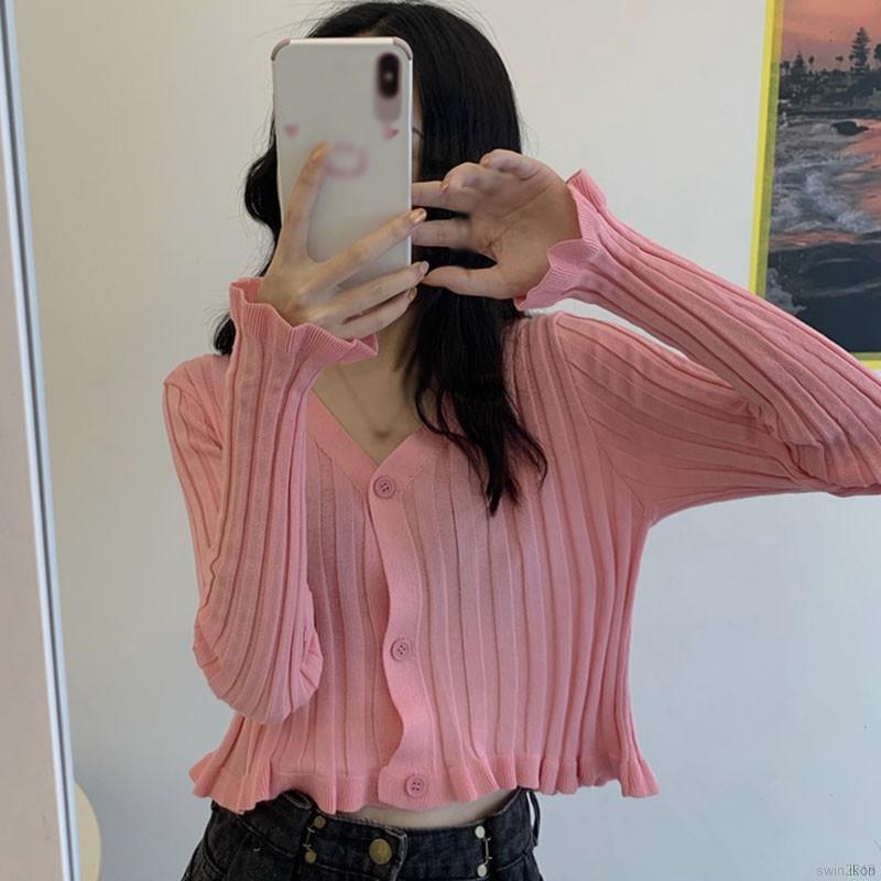 Áo cardigan dệt kim dài tay cổ chữ V thanh lịch