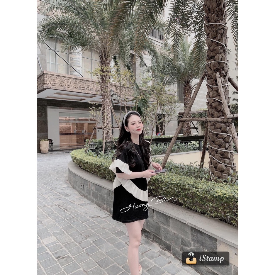 Đầm cotton phối bèo thêu hình chú sóc xinh xắn DN745