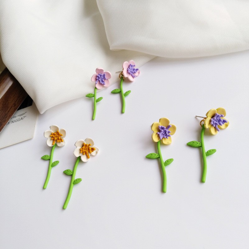 Bông tai bạc S925 hình hoa màu sắc tương phản phong cách Nhật Hàn thời trang cho nữ F275