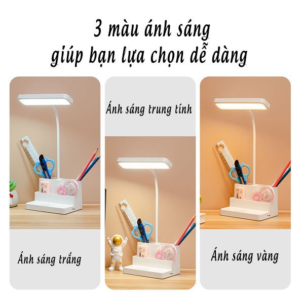 Đèn Bàn Học Tích Điện 3 Màu Ánh Sáng Đọc Sách Đèn Bàn Làm Việc Chống Mỏi Bảo Vệ Mắt Đèn Led Akio