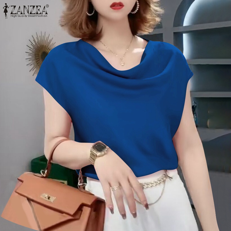 Áo kiểu ZANZEA vải satin tay ngắn màu trơn thời trang dành cho nữ