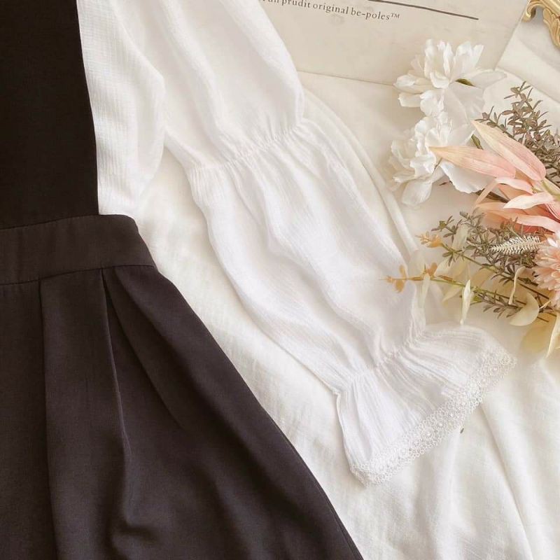 Set yếm bbd+áo trắng tay bo/Set yếm babydoll