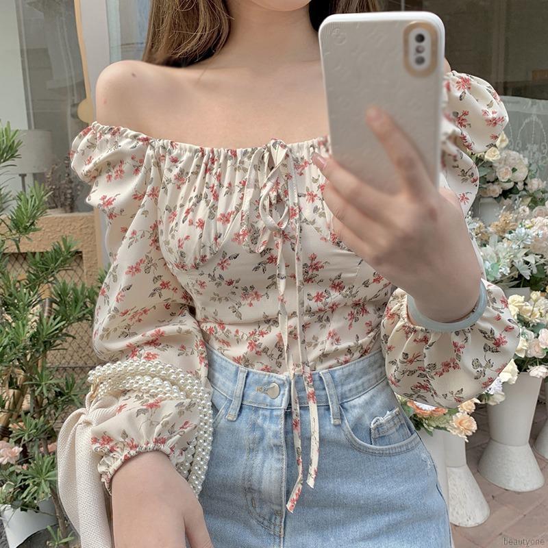 Áo Kiểu Chất Chiffon Tay Dài Cổ Vuông Hoạ Tiết Hoa Phong Cách Retro | BigBuy360 - bigbuy360.vn