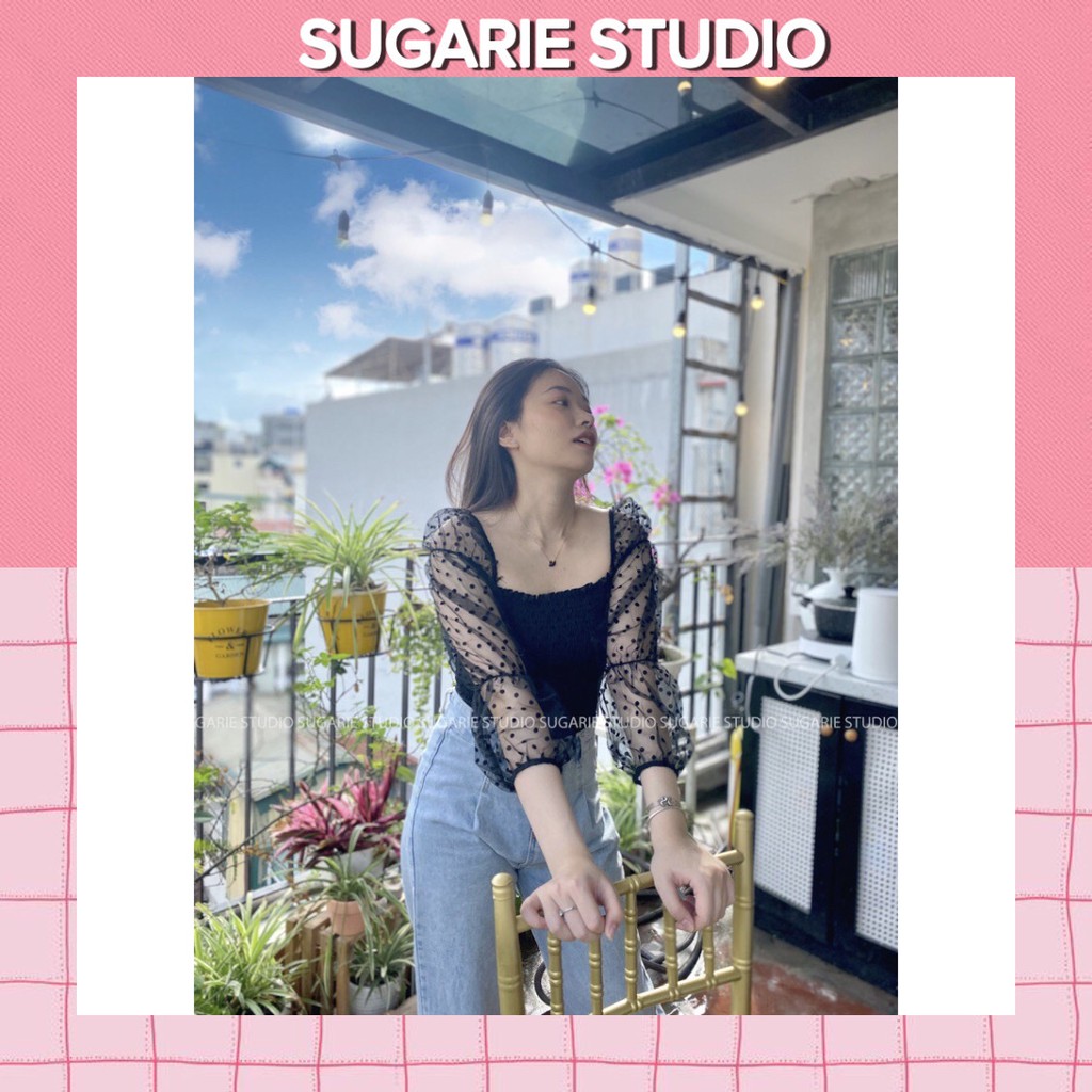 Áo bo chun tay dài chấm bi SUGARIE (ảnh thật)
