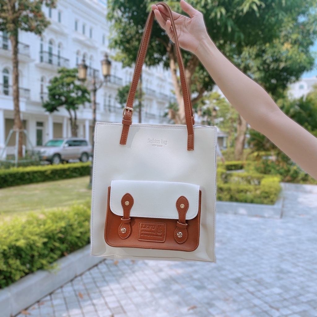 Túi tote da đeo vai có ngăn túi nhỏ trước style ullzang Hàn Quốc P107