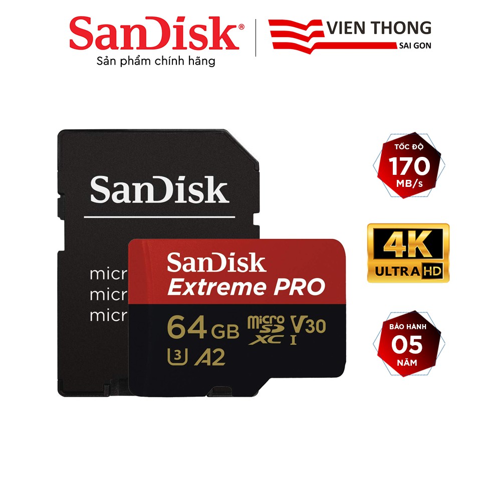 Thẻ nhớ microSDXC SanDisk Extreme Pro 64GB UHD 4K video V30 A2 tốc độ upto 170MB/s + Adapter (SDSQXCY-064G-GN6MA)