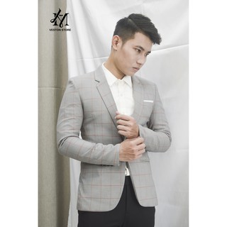 Áo vest nam 1 nút ôm body màu xám ghi caro đỏ