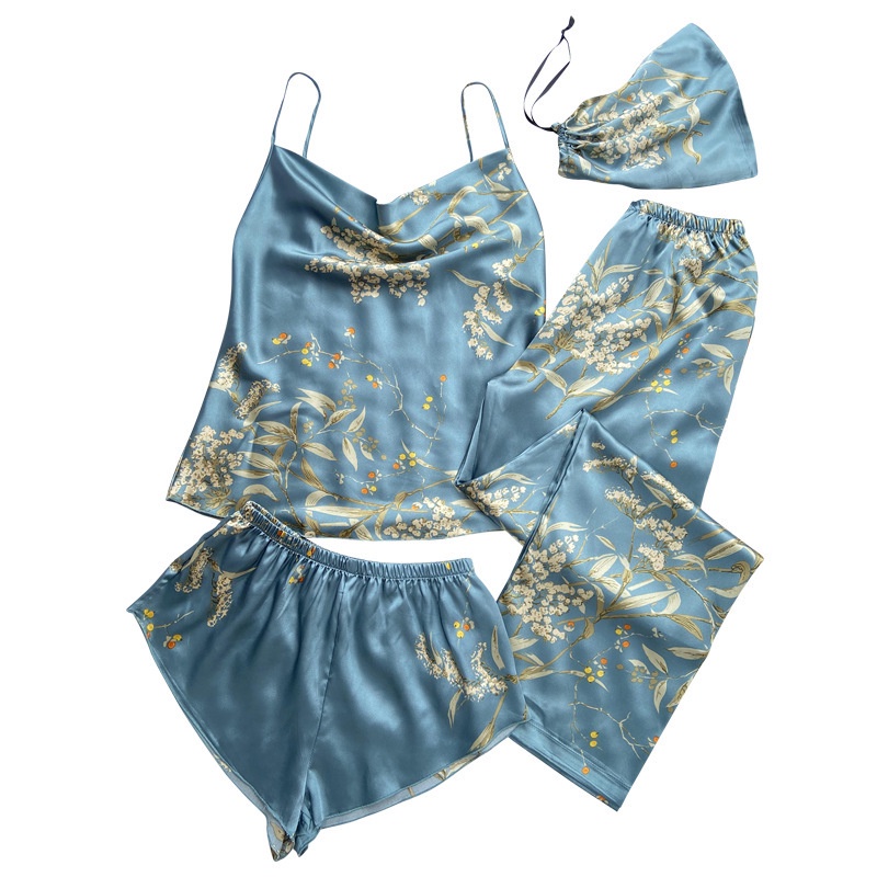 Bộ Đồ Ngủ 4 Món Bằng Lụa Mát In Họa Tiết Thời Trang Quyến Rũ Cho Nữ