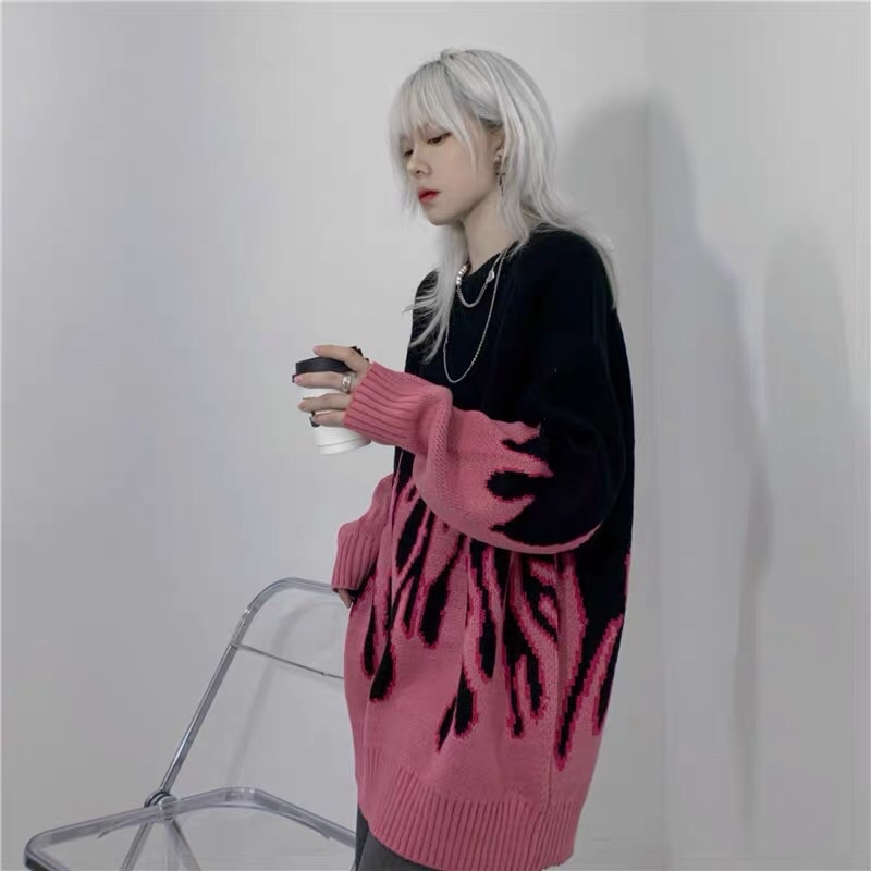 TKLIHN Áo len hai màu Ulzzang hoạ tiết ngọn lửa HOT FASHIONITA 2021 KÈM ẢNH THẬT Ở CUỐI