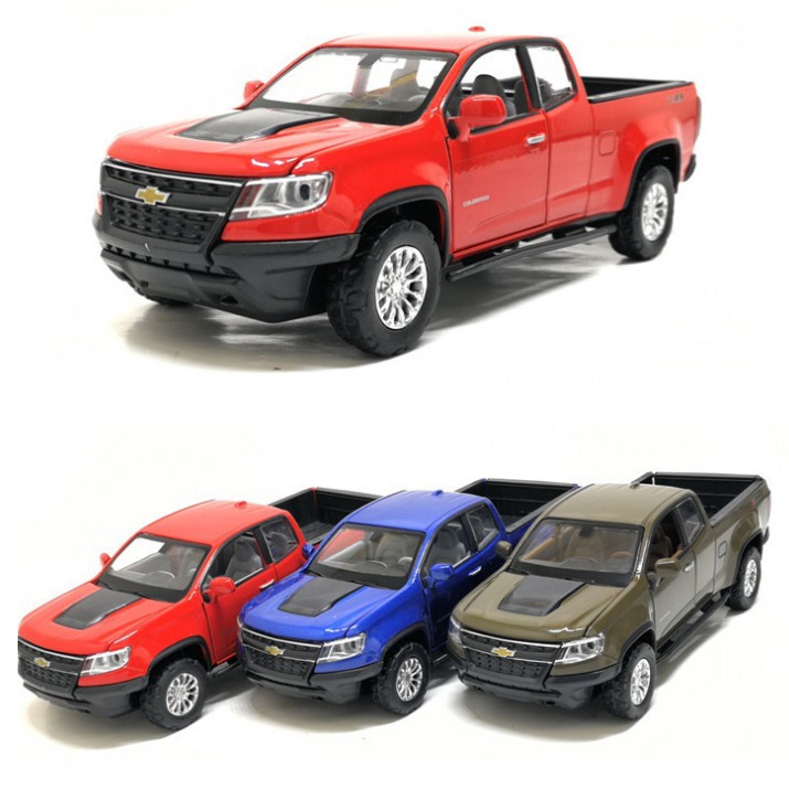 Xe ô tô bán tải Chevrolet colorado tỉ lệ 1:36 Xe bằng sắt mở full cửa chạy cót có đèn và âm thanh hàng Quảng Châu