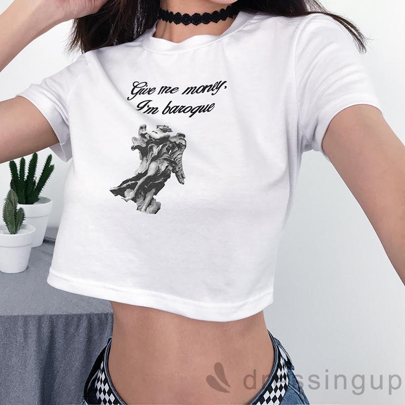 Áo Thun Lửng Ngắn Tay Cổ Tròn In Họa Tiết Cá Tính Dành Cho Nữ