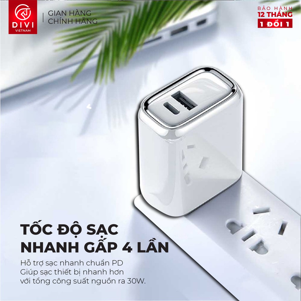 Củ sạc nhanh DIVI P2208 hỗ trợ PD, QC 3.0 Công suất 30W - USB 2.0 + Type C - Hàng chính hãng - Bảo hành 12 tháng 1 đổi 1