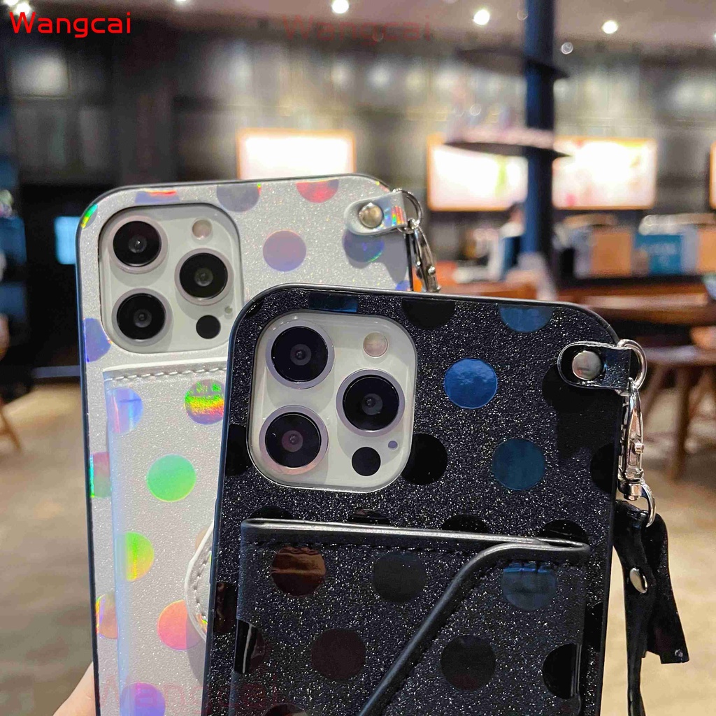 Ốp điện thoại kèm ví họa tiết chấm bi với dây đeo thích hợp cho iPhone 12 Mini 12 11 Pro Max XS Max XR X 7 8 6 6s Plus