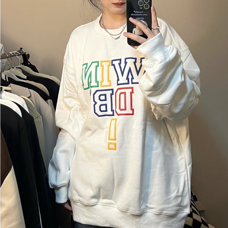 ZHELIHANGFEI Áo Sweater Cổ Tròn In Chữ Phối Màu Cầu Vồng Kiểu Retro Mỹ Dễ Thương