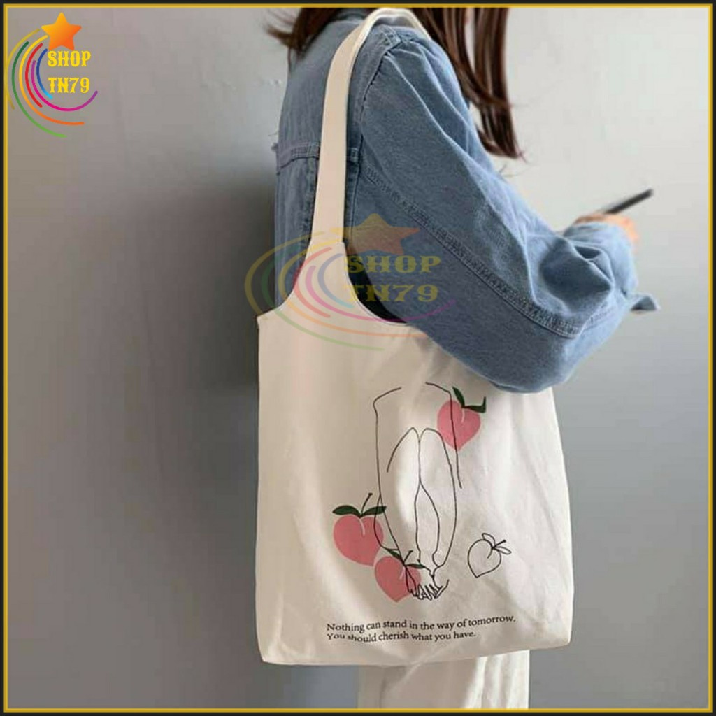 Túi đeo vai thời trang vải canvas mềm loại to đi hoc , đi chơi , đi làm đều rất đẹp - 3 TRÁI ĐÀO