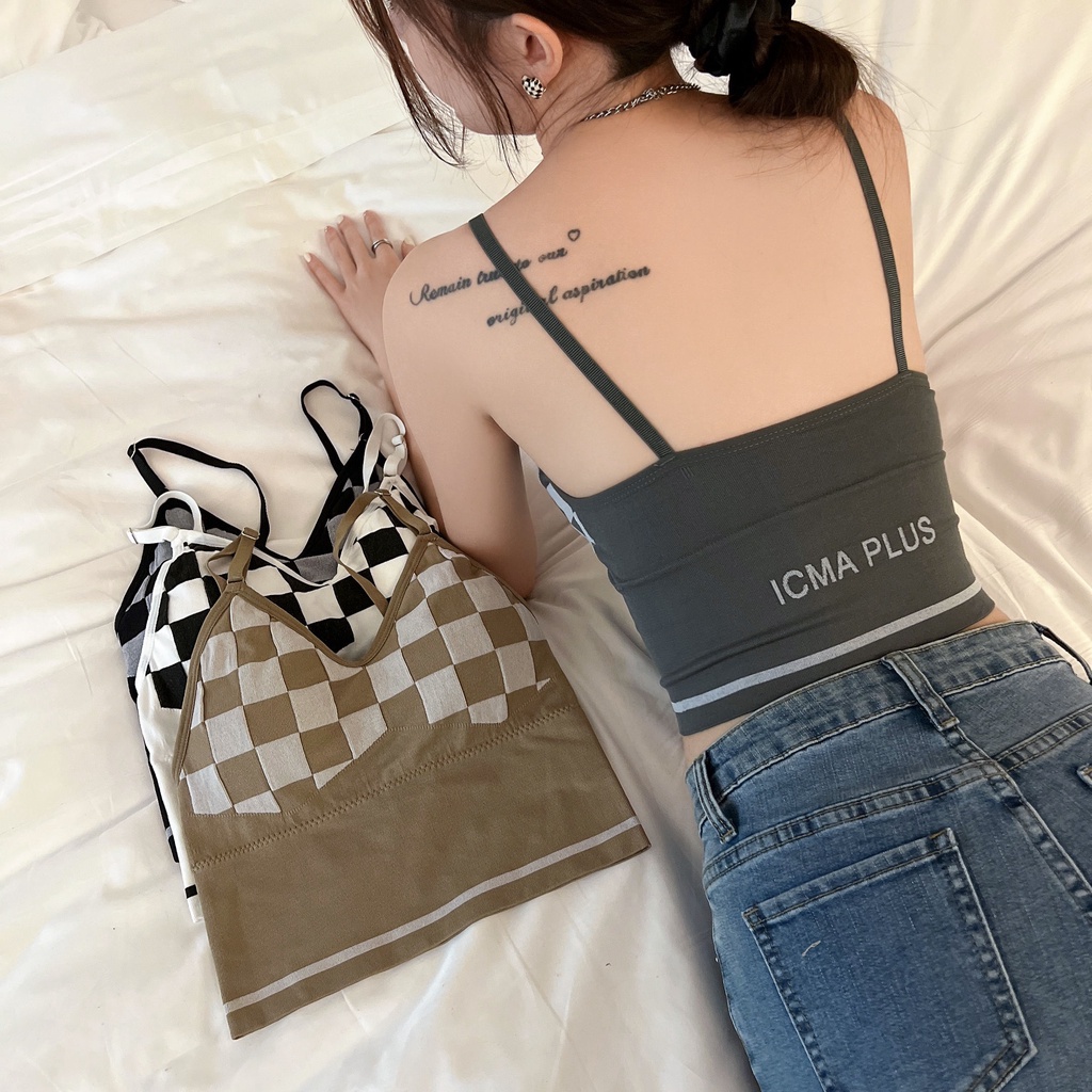 Easnine Áo Lót Dệt Kim Ngắn Hai Dây Cổ Chữ V Có Đệm Ngực Có Thể Tháo Rời Kẻ Caro Hàn Quốc