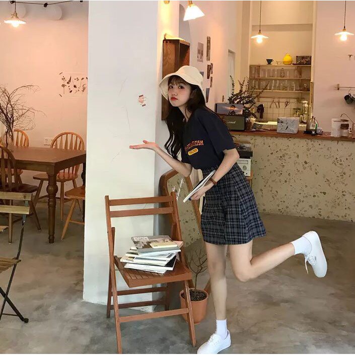 SET ÁO PHÔNG XANH THAN MIX CHÂN VÁY CARO KẺ NEO 1950-2009 Ulzzang có lót trong