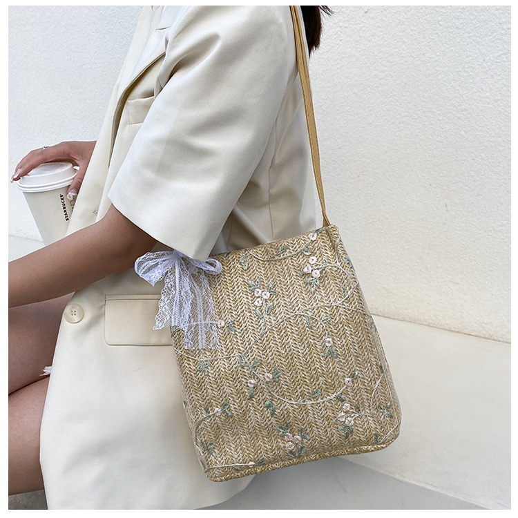 Túi Đeo Chéo Chất Cói Xô Đi Biển Thêu Cây Hoa Style Korea Mới Xinh