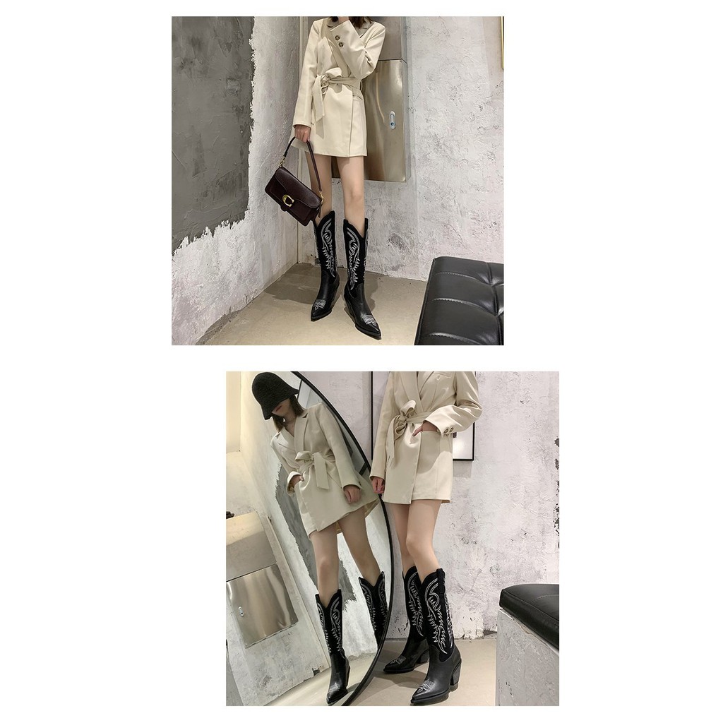 [ HÀNG ORDER ] Giày Bốt cổ cao dưới gối Cao bồi hoa văn style Hàn Quốc | BigBuy360 - bigbuy360.vn