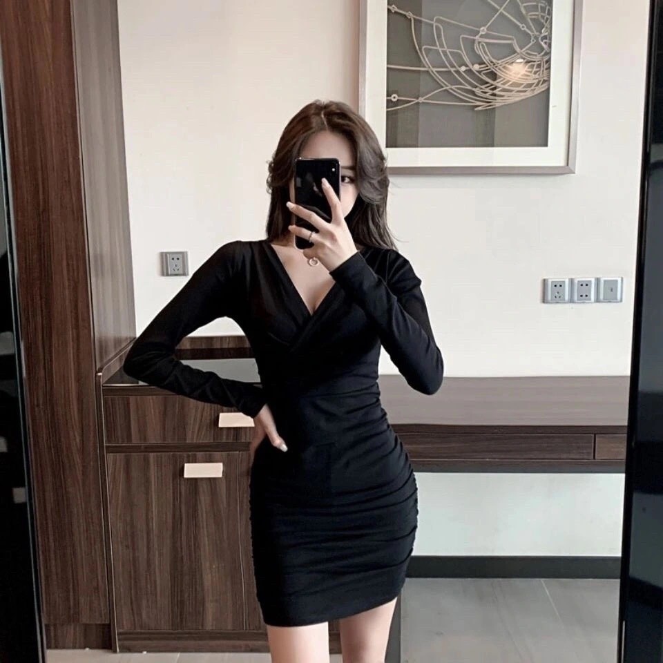 Váy Body LYLASTORE Đầm Body Dự Tiệc Đen Tôn Dáng Dài Tay Size S/M_váy_body