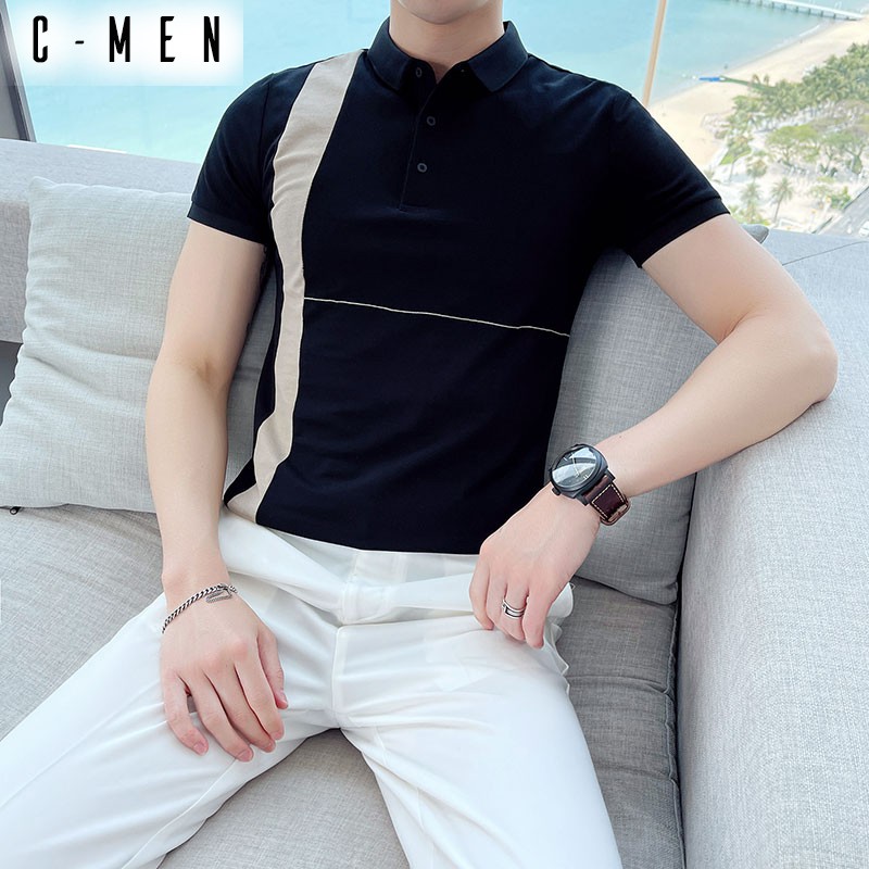 Áo Polo phông nam cổ bẻ ngắn tay phối kẻ dọc thân áo C Men AN16 cotton cao cấp