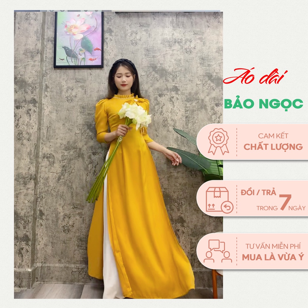 Áo Dài Cách Tân, Màu Vàng, có nơ, Lụa Cao Cấp, Không Nhăn, Không Xù