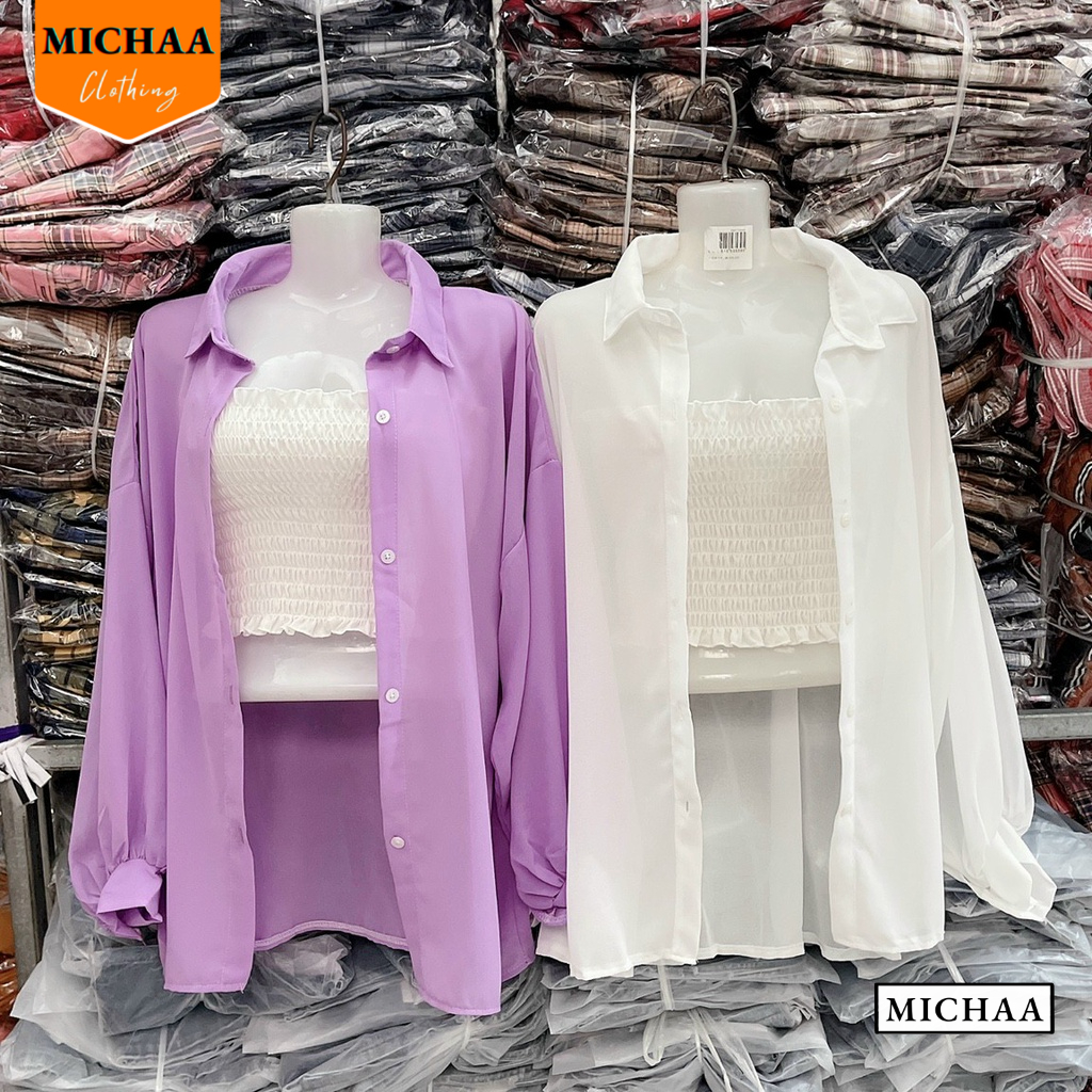 Áo Khoác SƠ MI VOAN Form Rộng Tay Dài Nữ, Áo Sơ Mi Chất Voan Dáng Dài Thời Trang - MICHAA SM03