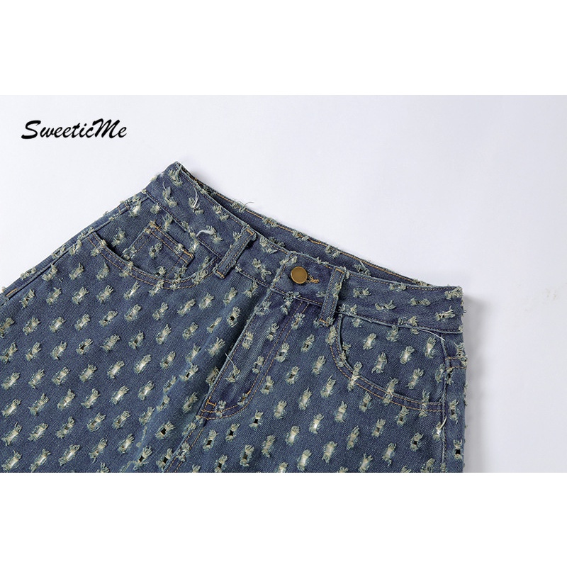 Quần Jeans Nữ Lưng Cao Ống Rộng Rách Gối Cá Tính Thiết Kế Mới