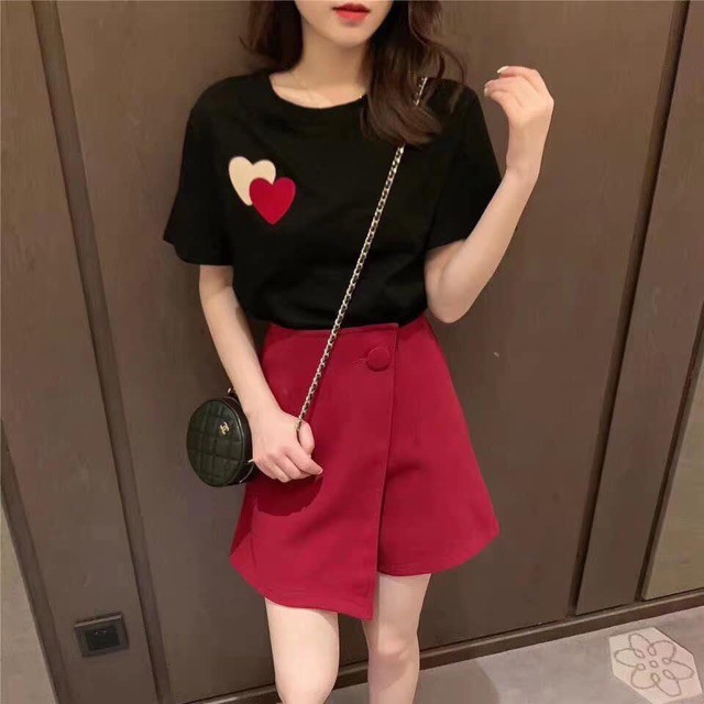 Sét áo Tim + quần giả váy vạt chéo